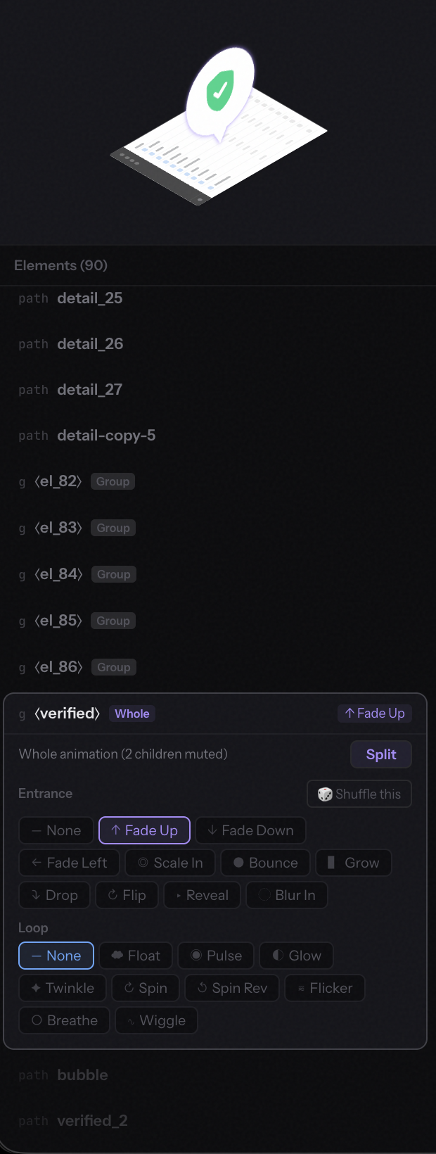 AutoKit elements panel showing the parsed SVG structure