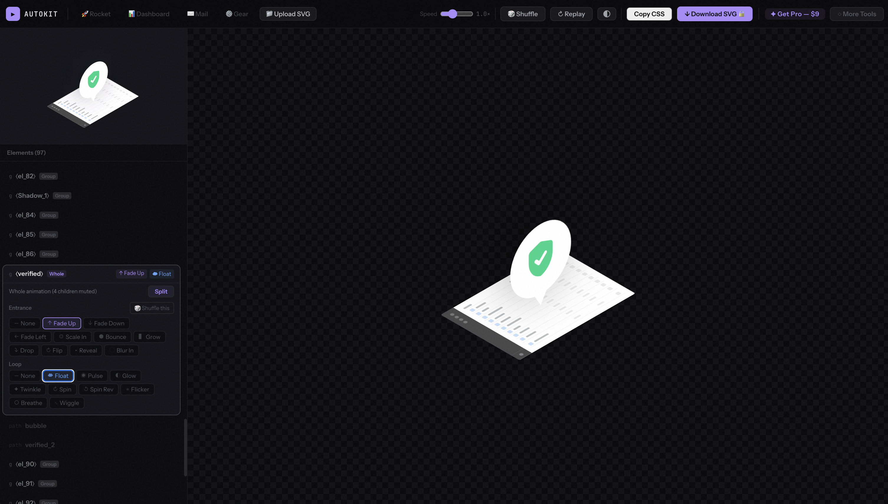 AutoKit toolbar with Speed slider, Shuffle, Replay, and Download buttons