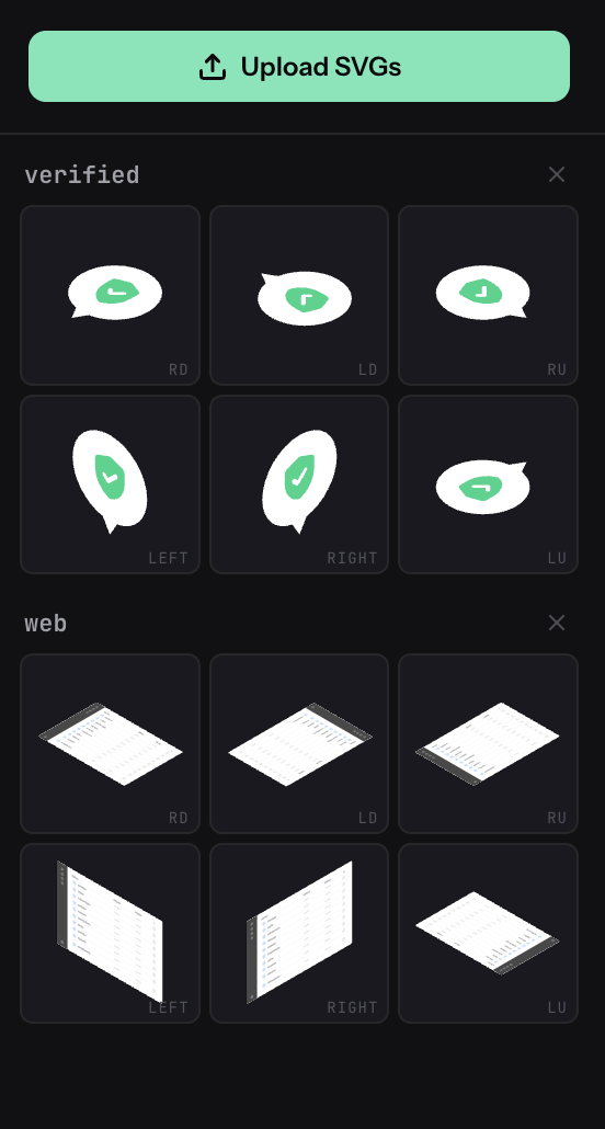 IsoKit sidebar with two uploaded SVGs, each showing 6 isometric face thumbnails