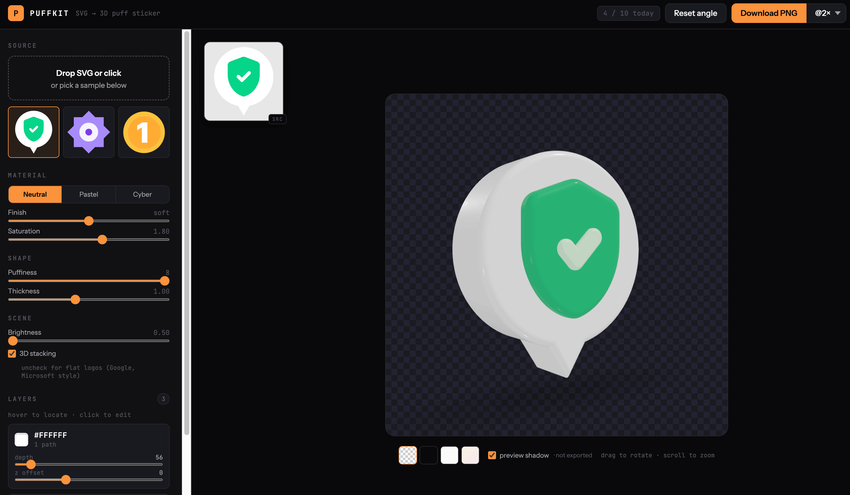 PuffKit preview — flat SVG extruded into 3D puff sticker
